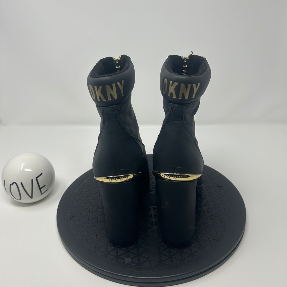 DKNY Women’s Logan Lug Sole Black Boots with Gold Detailing, Size 7M